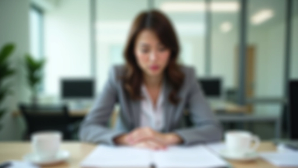 Stressed professional at desk surrounded by papers and coffee cups, showing signs of work overload and burnout